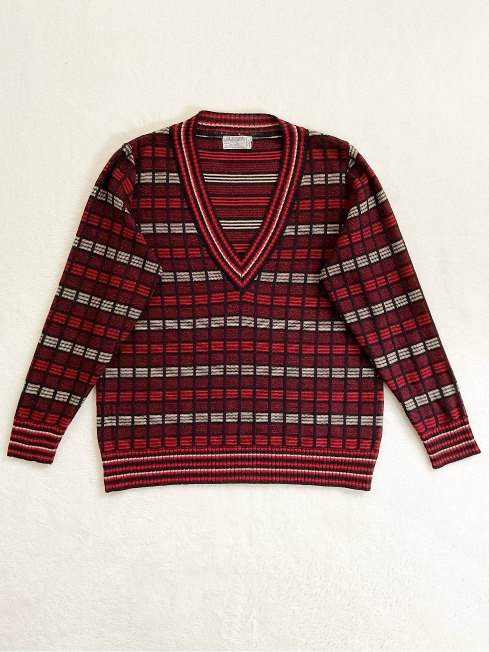 Vintage Jaeger 100% Wool Plaid V-Neck Sweater Made in Great Britain